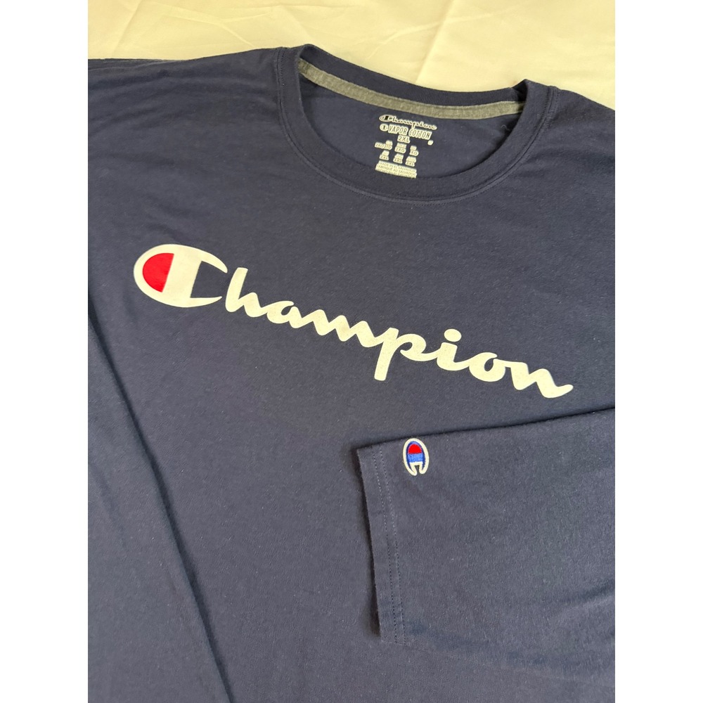 Champion Vapor Cotton Mens 2XL Long Sleeve Graphic T-Shirt Navy Blue Logo Tee